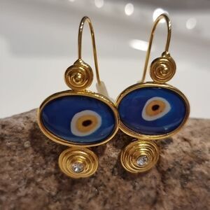 New ANTHRO Blue and Gold Abstract Evil Eye ProctectionDangle Earrings